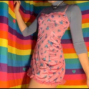pink slip dress with blue & lavender floral print